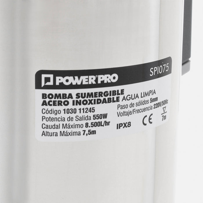 Bomba Sumergible Acero Inoxidable Agua Limpia 0,75 HP POWER PRO SPI075